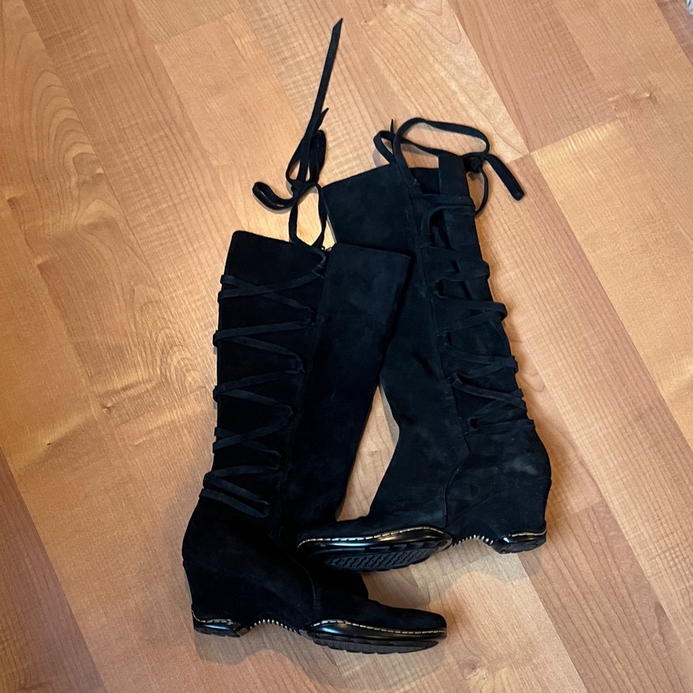 Sofft Black Suede Zip Up Wedge Boots with Tie Detail